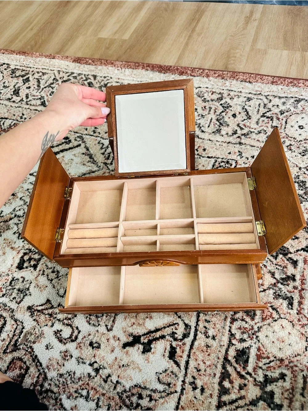 Wooden Jewelry Box with Carved Accents - Honey Brown